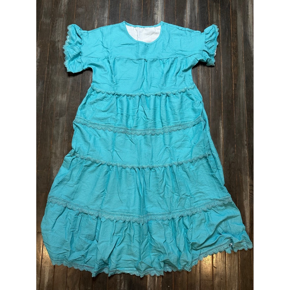 Turquoise Tiered Maxi Dress Crochet Lace Trim Flutter Sleeve Crinkle Boho Aqua